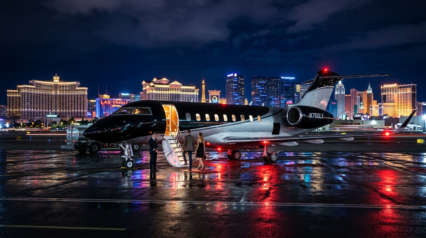 Luxury Private Jet on Las Vegas tarmac at night